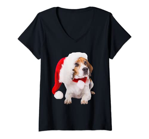 Womens Cute Beagle Santa Hat Beagles Puppy Image Christmas Dog V-Neck T-Shirt