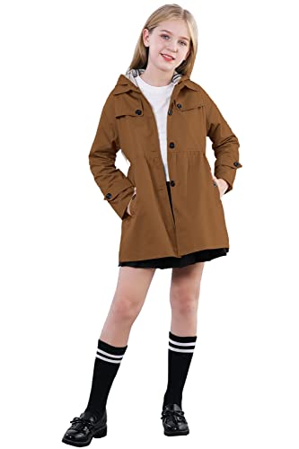 Betusline Girl's Hoodie Trench Coat, Single Breasted Windbreaker Hoodie Jacket Dress Outerwear For Girl, Caramel Brown, 4-5T = Tag 120 #TOP4