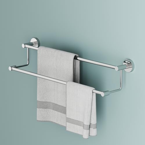 Image of GRIVAN Stainless Steel 2-Step Towel Rod for Bathroom | Wall Mounted Double Bar Towel Rack Rail | Bathroom Cloth Hanger Stand (Silver Chrome, 24 inch)