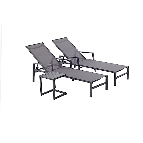 CONCEPT USINE - Lot de 2 Transats Ajustables accoudoirs + Table d'Appoint | Bain De Soleil Chaise Longue | Bari Gris Foncé | Aluminium Textilène | Réglable...