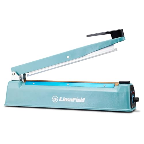 LinsnField Commercial Bag Sealers 12 inch, 2mm Sealing Width Iron Impulse Sealer, Heavy Duty Manual Shrink Wrap Heat Sealer Machine with 1 Replacement Kits 2 Fuses, Blue