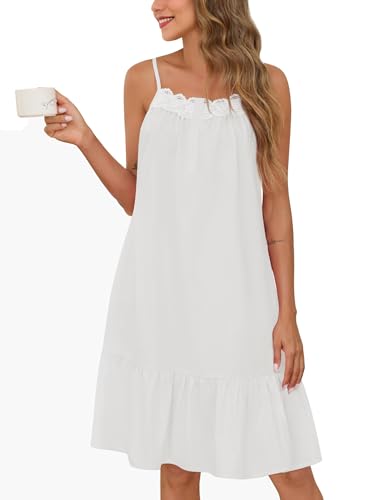 SWOMOG 100% Cotton Nightgowns for Women Lace Sleeveless Sleep Dress Victorian Sleepshirt Button Strap Night Gown
