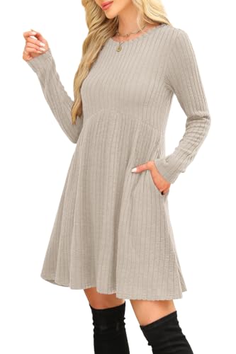Image of OFEEFAN Long Sleeve Dress for Women Crew Neck Empire Waist Tunic Dress with Pockets
