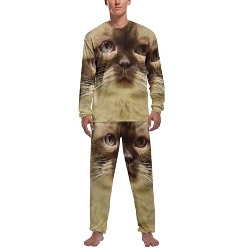 Pyjama homme manche longue : ensemble vêtement de nuit motif chat pour l'hiver