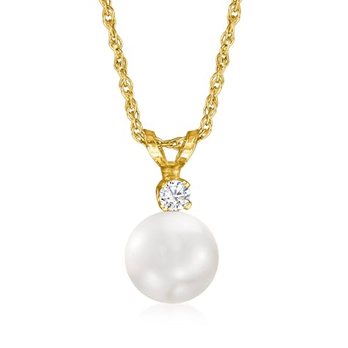 Ross-Simons 7-7.5mm Cultured Akoya Pearl Pendant Necklace With Single Diamond in 14kt Yellow Gold