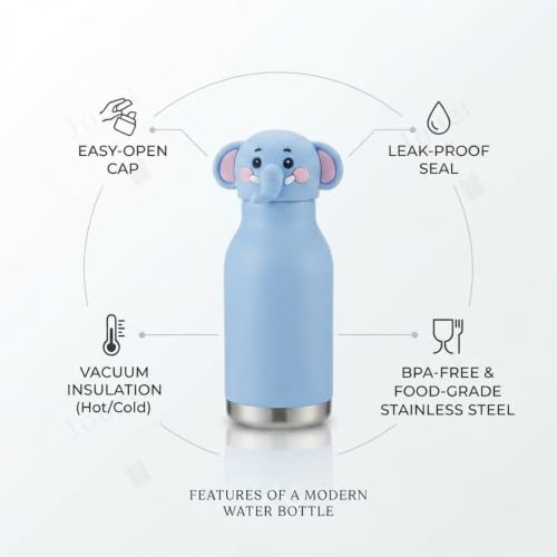 Image of JOUET 400ml Stainless Steel Water Bottle with Elephant Character Lid, Reusable Leakproof Bottle for Kids, School, Travel & Daily Hydration