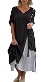 Akivide Women Cotton Maxi Dresses Flowy Asymmetrical Layered Summer Beach Casual Loose Short Sleeve