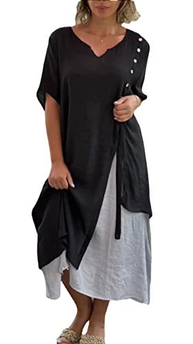 Akivide Women Cotton Maxi Dresses Flowy Asymmetrical Layered Summer Beach Casual Loose Short Sleeve Long Dress Plus Size Black #TOP6