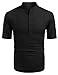 COOFANDY Men's Cotton Linen Henley Shirts Casual Banded Collar Shirt Short Sleeve Beach T Shirts Summer Hippie Party Wear Black
