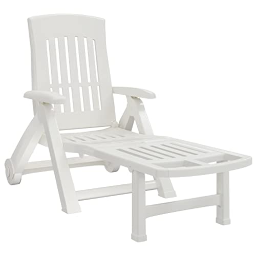 vidaXL Chaise Longue Pliable avec Roues, Fauteuil avec Dossier Réglable, Bain de Soleil, Lit de Bronzage, Transat de Jardin Terrasse, Blanc PP