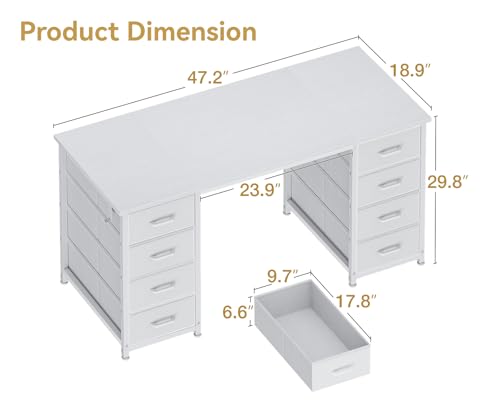 ODK 48 Inch White Computer Desk with 8 Fabric Drawers, Modern Office Desk with Large Storage for Home Office, Study, Gaming, White