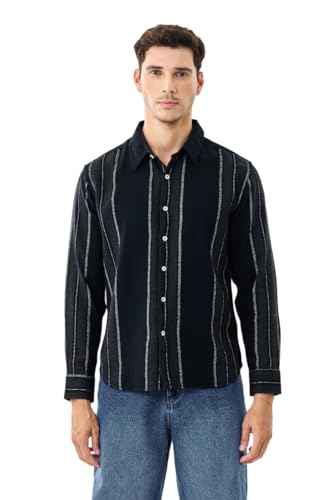Image of SNITCH Men Casual Shirt | Regular Fit Full Sleeve Point Collar Striped Design | Textured 100% Cotton & Breathable Fabric Smart Casual Outings