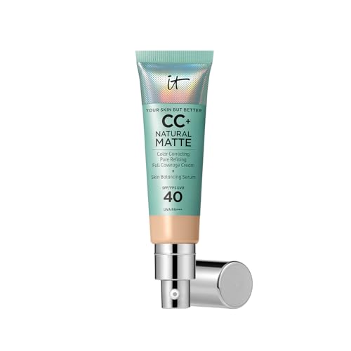 IT Cosmetics Your Skin But Better CC+ Cream Natural Matte LSF 40, 32 ml, Glanz reduzierende, farbkorrigierende und pflegende Foundation mit LSF 40, Getönte Gesichtscreme, Farbton Light