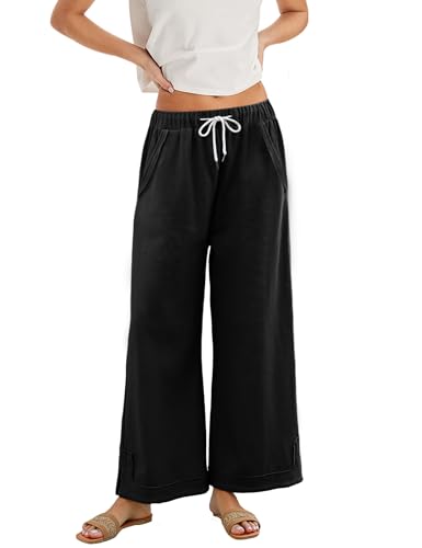 Springrain Womens Baggy Wide Leg Pants Casual Loose Cotton Elastic Waisted Palazzo Pants Black