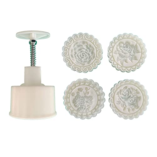 Mooncake Mold Press with 4 Stempeln, DIY Cookie Cutter 150g Flower Press Mooncake Mould Hand Pressure Mooncake Baking Tools Cover