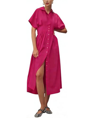 Image of Yeokou Shirt Dress for Women Summer Casual Short Sleeve Button Down Loose Pleated Maxi Sundress with Pockets