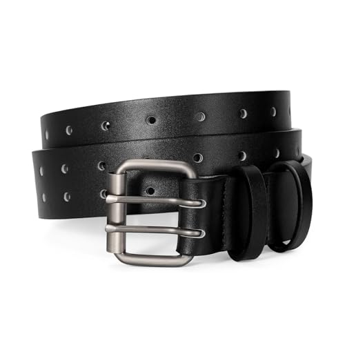 Image of JASGOOD Men Double Prong PU Leather Belt Casual Work Heavy Duty Belt Double Grommet Holes Belt for Jeans