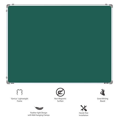 Image of Pragati Systems Genius Melamine (Non-Magnetic) Green Chalkboard for Classroom, School & Teaching with Lightweight Aluminium Frame | Clean Wipe & Non-Ghosting Surface | Large Size 3x4 Feet (Pack of 1)