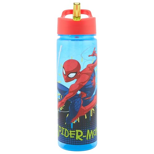 Marvel Polar Gear Spider-Man Water Bottle with Straw Reusable Kids 600ml PP in Blue & Red Official Merchandise BPA Free & Recyclable Plastic for School Nursery Sports Picnic