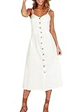 YMING Ladies Solid Color V Neck Dress A Line Button Front Sundress Boho Midi Dress with Pockets White M