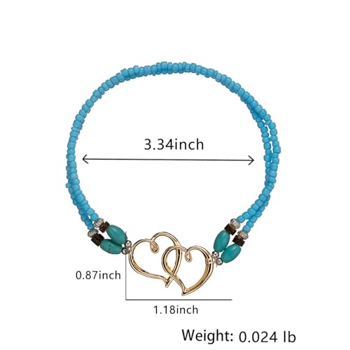 Image of Elastic Beaded Ankle Bracelets for Women Double Heart Layered Stretch Ankle Bracelets Waterproof Dainty Boho Beaded Anklets for Summer Beach Foot Jewelry