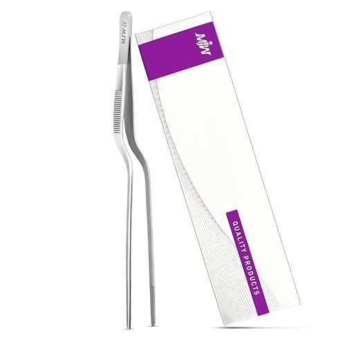MJW Chef Tweezer - 8-Inch Long Stainless Steel Offset Culinary Tweezers for Kitchen Cooking Ideal for Garnishing plates and Chefs, Durable plating Tongs