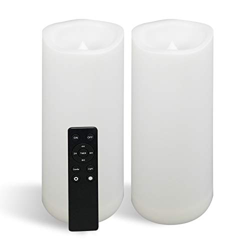 Image of CANDLE CHOICE Waterproof Outdoor Battery Operated Flameless Candles with Remote Timer Large Tall White Plastic Bright Flickering Electric LED Pillars Lantern Patio Garden Decoration 4x10 Inches 2 Pack