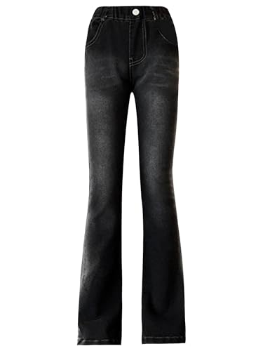 JanJean Kids Girls Washed Slim-Fit Flared Jeans Casual Trousers Elastic Waistband Bell-Bottom Denim Pants with Pockets