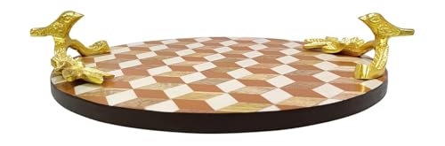 Wooden Circular Round Tray Patch Work Solid Wood with Metal Rose Gold Handle | Serving Tray| Home Decor | Housewarming | (Orange)