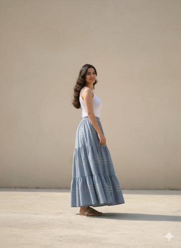 Image of Payal Creation Women's Rayon Flared Long Skirt with Gota Lace | Ethnic Maxi Skirt for Girls & Women | Festive Casual Flowy Comfortable Skirt | Free Size White Long Skirt