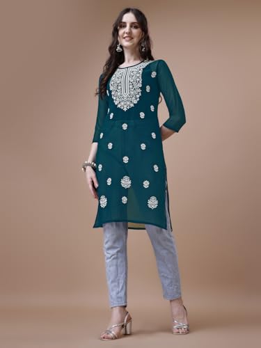 Image of EthnicJunction Women's Georgette Embroidered Straight Kurta | Summer Kurti | Short Kurti for Women | Top for Office |Women's Tunics Tops | Kurta Shirt Top | Regular Fit Top | Tops for Jeans for Women