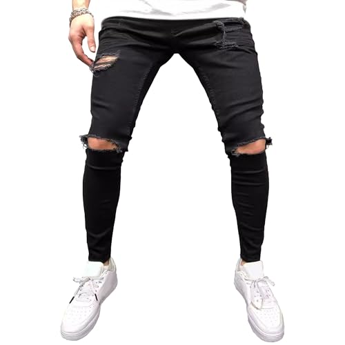 Men Micro Elastic Ripped Skinny Jeans Mid Rise Denim Pants with Holes Y2K Classic Comfortable Daily Trousers
