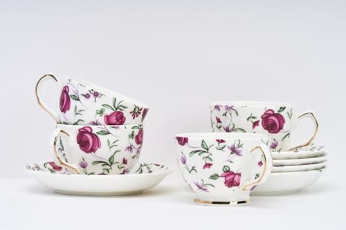 Image of GOLDEN QUEEN'S Cup & Saucer Set | Perfect for Hosting & for Tea /Coffee Lovers | Handcrafted in India, Inspired by Florals & 24-Carat Gold Rim | 6 Cups & 6 Saucers |170 ml (Button Rose)