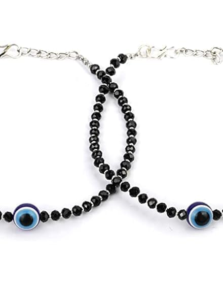Image of Handmade Pooja EvilEye Black Chain Adjustable Nazar Anklets For Women Men Girls Boys Pack Of 2 evil eye thread, nazar anklet, thread anklet, najariya women anklet
