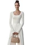 v28 Women Scoop Neck U-Neck Knit Long Sleeve Slim Fit Ribbed Sweater Tops (S, Beige)
