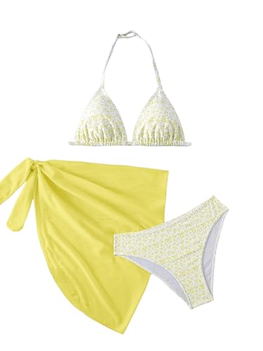 Image of SOLY HUX Girl's Summer Swimsuit Set Floral Halter Triangle Bikini Set with Wrap Skirts Beachwear