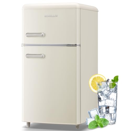 3.5 CU.FT Mini Fridge with Freezer Compact Retro Refrigerator Dual Door Handles 7 Temp Adjustable Temp LED Lights Removable Storage Shelves for Dorm Apartment Office Cream