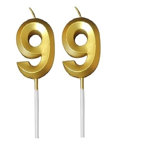 Image of ToyUniverse Number 99 Gold Candle | Ninety Nine Number Candle | Number 99 Metallic Gold Candle for Ninety Ninth Birthday,Anniversary, Surprise Party Cake Decoration Candle (Pack of 2,Number 99)