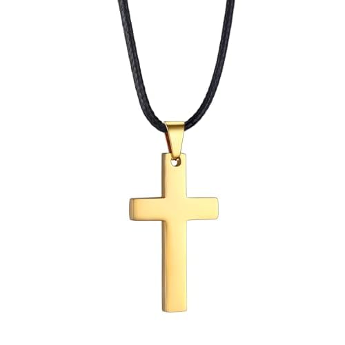 PROSTEEL Stainless Steel Pendant Necklace for Men Women, Cool Punk Shark Teeth Necklace, Cross Necklace, Star Of David Necklace, Black Leather Cord, Come Box B: Gold-Cross 24.0 Inches