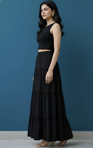 Image of Women's Rayon Full Length Maxi Skirt | Solid Black & White Regular Fit Skirt with Elasticated Waistband and Drawstring