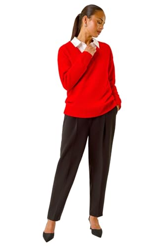 Image of Roman V-Neck Jumper for Women UK Ladies Boyfriend Fit Slouch Sweater Winter Autumn Textured Casual Flattering Knit Pullover Knitwear Daywear Lightweight Lounge - Petite Red - Size 14