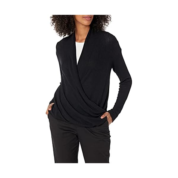 Amazon Essentials Women's Lightweight Long Sleeve Wrap High/Low Knit Top, Black, X-Large