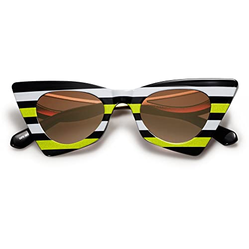 Vanlinker Trendy Polygon Cateye Sunglasses For Women Funny Novelty Party Cute Eyewear Fashion Y2K Festival Decor Vl9707 Yellow Stripe Frame Brown Lenses #TOP2