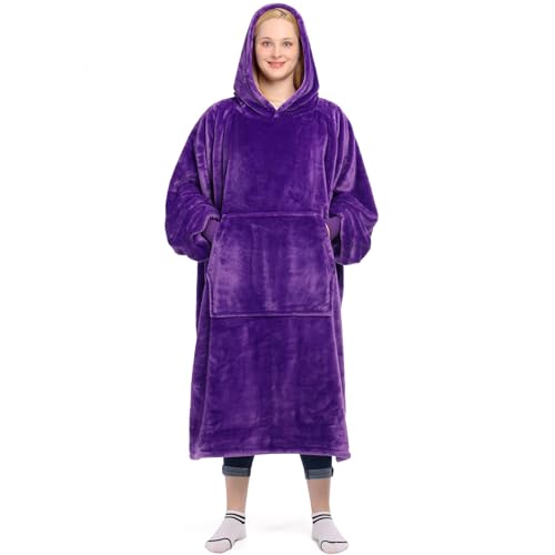 Image of Waitu Wearable Blanket Sweatshirt Gifts for Women and Men, Warm and Cozy Giant Blanket Hoodie, Thick Flannel Blanket with Sleeves and Giant Pocket - Violet
