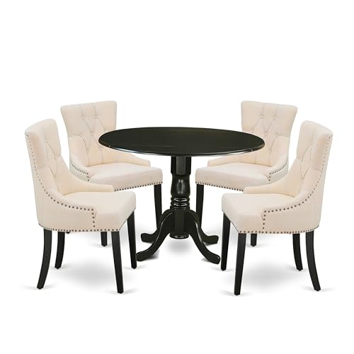 East West Furniture DLFR5-BLK-02 5 Piece Modern Dining Table Set Includes a Round Wooden Table with Dropleaf and 4 Light Beige Linen Fabric Upholstered Chairs, 42x42 Inch, Black