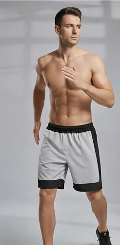 Image of Men's Athletic Shorts, Black and Grey Color Block Sports Shorts with Elastic Waistband