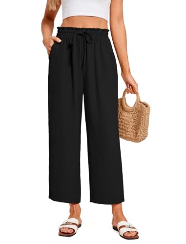 Yiyilina Women Summer Cropped Palazzo Pants Casual Wide Leg Flowy Ankle Pants Elastic Waist Beach Work Trousers with Pockets(Black Large)