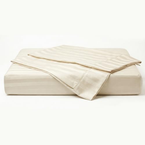 Image of LANE LINEN 100% Cotton Double Bedsheet with 2 Pillow Cases | Damask Stripe 3pc Bedding Set- 2.29M x 2.54M | Breathable & Comfortable Fabric | Oeko-TEX Certified - Ivory