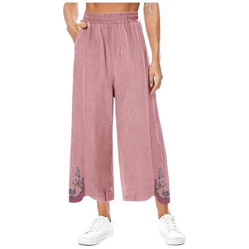 Cropped Linen Pants for Women Floral Embroidered Wide Leg Capri Pant High Elastic Waist Summer Trousers with Pockets
