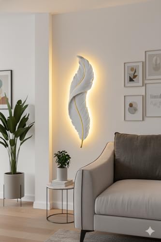 Image of UJALAVISTA Feather Shape Wall Lamp | 65cm Acrylic Fancy Wall Light | 3-Color LED (Warm /Natural /Cool) | Modern Decorative Wall Sconce for Living Room & Bedroom (White Feather) (1, White) | PVC body, wall-mount kit included. Warm /Natural /Cool LED modes. For living room, bedroom, hallway, TV unit walls.